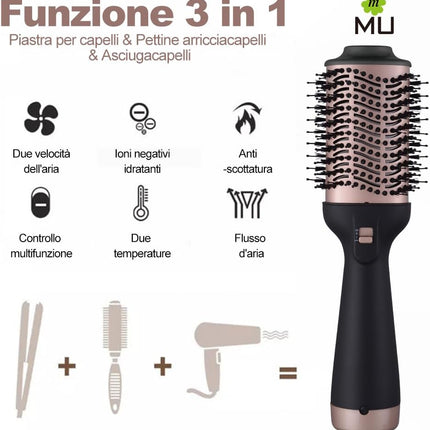 Spazzola Asciugacapelli 3 in 1, Asciuga, Liscia e Volumizza i capelli