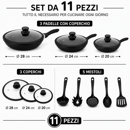 Set Padelle 11 Pezzi con Rivestimento Pietra Lavica Antiaderente – 3 Padelle con Coperchio in Vetro e Guarnizione in Silicone (20/24/28 cm) + 5 Utensili Cucina – Fondo Induzione, Senza PFOA