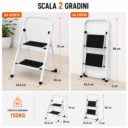 Scala Scaletta Pieghevole Quadrata Salvaspazio con Gradini Antiscivolo e Maniglione di Sicurezza Sgabello Struttura in Acciaio e Rivestimento in Gomma Portata massima 150kg