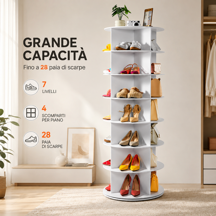 Scarpiera Girevole 360° Salvaspazio, Portascarpe Verticale fino a 28 Paia, Struttura a Ripiani Rotanti, Organizer per Scarpe Borse e Accessori, Ideale per Camera, Ingresso e Cabina Armadio