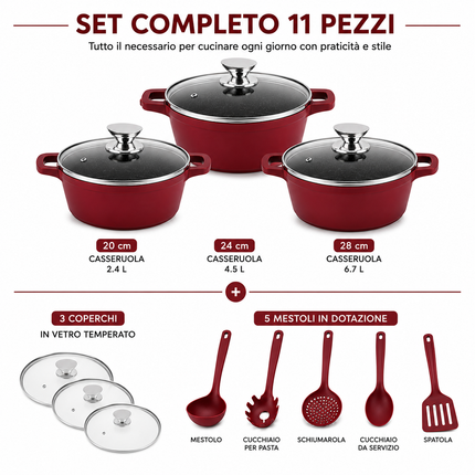 Set Casseruole 11 Pezzi in Alluminio Pressofuso con Rivestimento Effetto Pietra Lavica Antiaderente – 3 Pentole con Coperchi in Vetro (20/24/28 cm) + 5 Utensili da Cucina – Adatte a Induzione