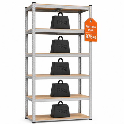 Scaffali in Metallo, Scaffalature a 5 Ripiani Regolabili, Senza Viti, Scaffale Salvaspazio per Garage, Magazzino Portata Fino a 875 kg Con 5 Ripiani Regolabili Ideale Per Garage Officina 90X40X180H cm