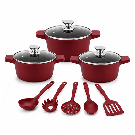 Set Casseruole 11 Pezzi in Alluminio Pressofuso con Rivestimento Effetto Pietra Lavica Antiaderente – 3 Pentole con Coperchi in Vetro (20/24/28 cm) + 5 Utensili da Cucina – Adatte a Induzione