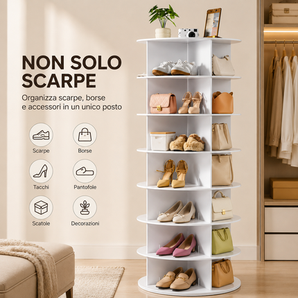 Scarpiera Girevole 360° Salvaspazio, Portascarpe Verticale fino a 28 Paia, Struttura a Ripiani Rotanti, Organizer per Scarpe Borse e Accessori, Ideale per Camera, Ingresso e Cabina Armadio