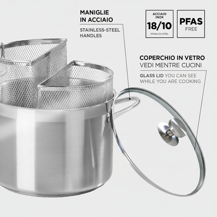 Spaghettiere Doppio Cestello, Made in Italy, Acciaio inox 18/10. Triplo fondo. Induzione+Gas. PFAS free. Cuoce 2 tipi di pasta contemporaneamente
