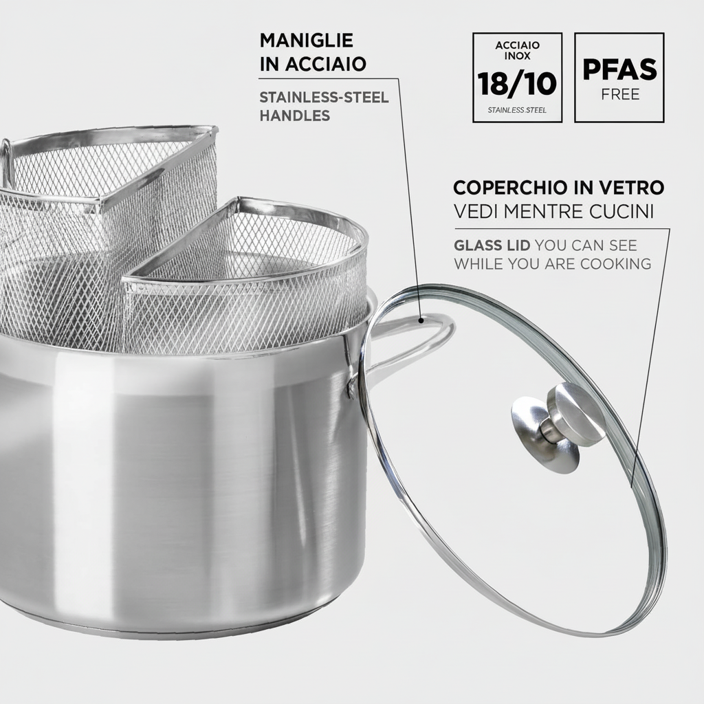 Spaghettiere Doppio Cestello, Made in Italy, Acciaio inox 18/10. Triplo fondo. Induzione+Gas. PFAS free. Cuoce 2 tipi di pasta contemporaneamente
