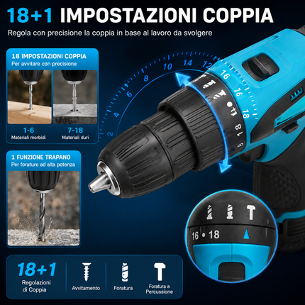 Avvitatore Trapano a Batteria 12V Ricaricabile con 2 Batterie, Mandrino Autoserrante 10 mm, Set Accessori e Valigetta – Ideale per Fai da Te e Casa