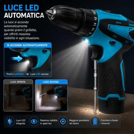 Avvitatore Trapano a Batteria 12V Ricaricabile con 2 Batterie, Mandrino Autoserrante 10 mm, Set Accessori e Valigetta – Ideale per Fai da Te e Casa