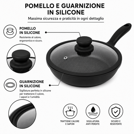 Set Padelle 11 Pezzi con Rivestimento Pietra Lavica Antiaderente – 3 Padelle con Coperchio in Vetro e Guarnizione in Silicone (20/24/28 cm) + 5 Utensili Cucina – Fondo Induzione, Senza PFOA
