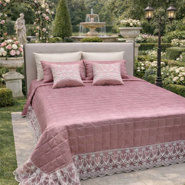 Trapuntino Copriletto Matrimoniale Trapuntato con Balza in Pizzo Ricamato, Copriletto Elegante Tinta Unita con Cuscini Coordinati, Coperta Letto Decorativa per Camera da Letto – Stile Classico