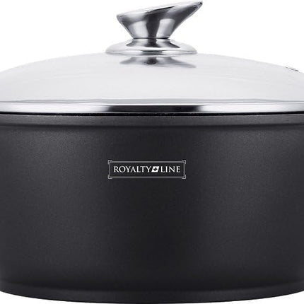 Pentola Tegame Royalty Line in Alluminio con Rivestimento Antiaderente Teflon, Coperchio in Vetro e Acciaio Inox – Adatta a Induzione, Gas, Elettrico, Ceramica e Alogeno