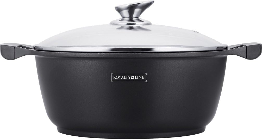 Pentola Tegame Royalty Line in Alluminio con Rivestimento Antiaderente Teflon, Coperchio in Vetro e Acciaio Inox – Adatta a Induzione, Gas, Elettrico, Ceramica e Alogeno