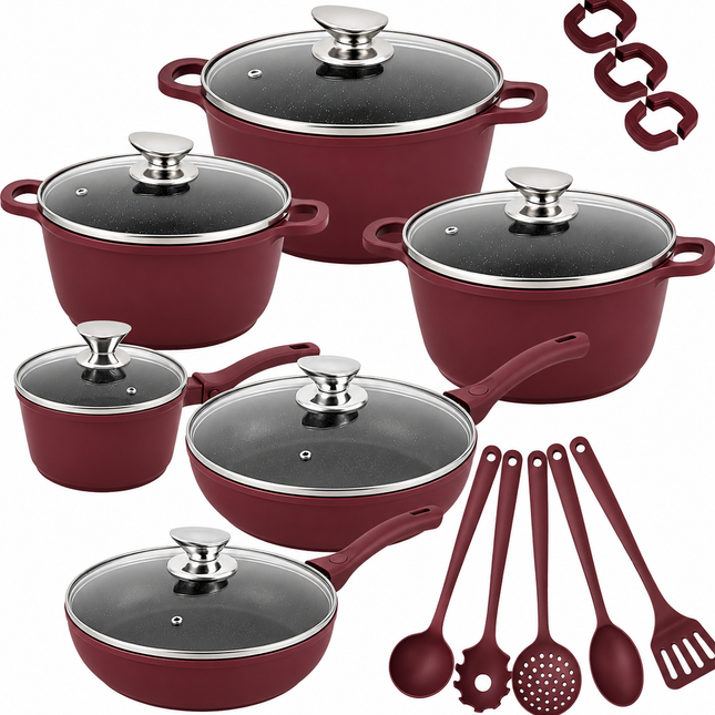 Set di Pentole 23 Pezzi Antiaderente con Coperchi in Vetro – Batteria di Pentole e Padelle con Manici Removibili, Mestoli e Accessori in Silicone – Adatte a Tutti i Piani di Cottura, Induzione Inclusa