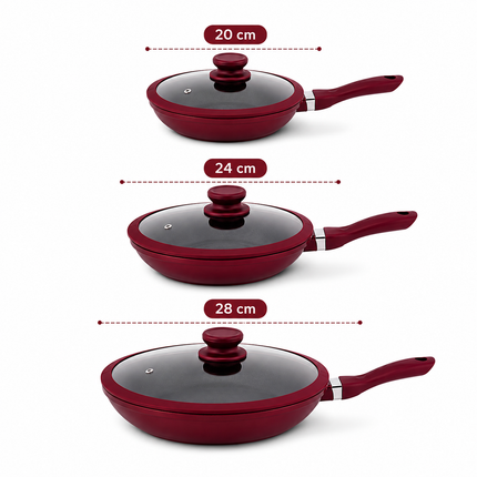 Set Padelle 11 Pezzi con Rivestimento Pietra Lavica Antiaderente – 3 Padelle con Coperchio in Vetro e Guarnizione in Silicone (20/24/28 cm) + 5 Utensili Cucina – Fondo Induzione, Senza PFOA