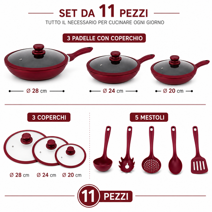 Set Padelle 11 Pezzi con Rivestimento Pietra Lavica Antiaderente – 3 Padelle con Coperchio in Vetro e Guarnizione in Silicone (20/24/28 cm) + 5 Utensili Cucina – Fondo Induzione, Senza PFOA