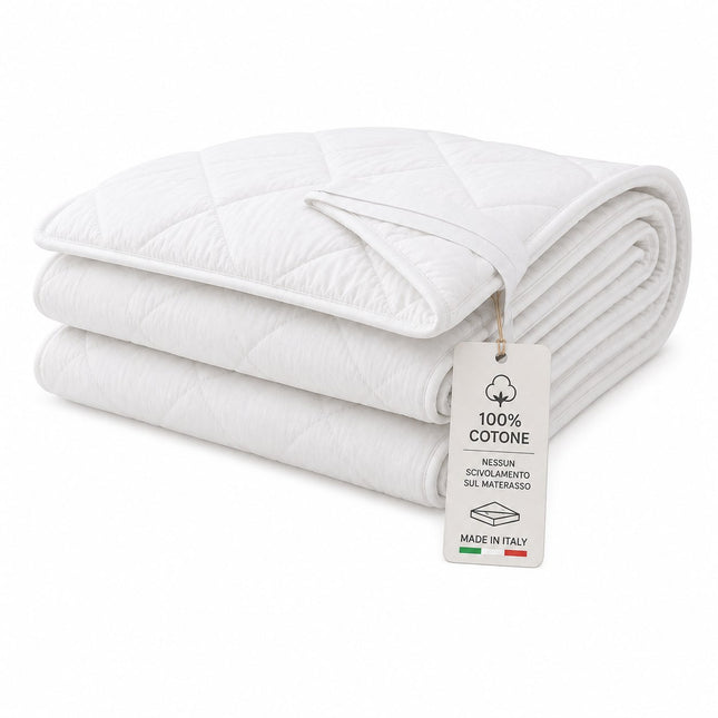 Topper matrimoniale bianco con elastici coprimaterasso comfort e traspirabile anti acaro imbottitura in fibra innovativa