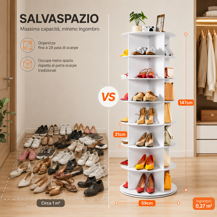 Scarpiera Girevole 360° Salvaspazio, Portascarpe Verticale fino a 28 Paia, Struttura a Ripiani Rotanti, Organizer per Scarpe Borse e Accessori, Ideale per Camera, Ingresso e Cabina Armadio