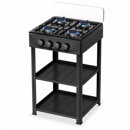 Fornello a Gas 4 Fuochi con Supporto e Ripiani – Cucina a Gas Freestanding in Acciaio, Piano Cottura con 4 Bruciatori, Design Salvaspazio per Interni ed Esterni