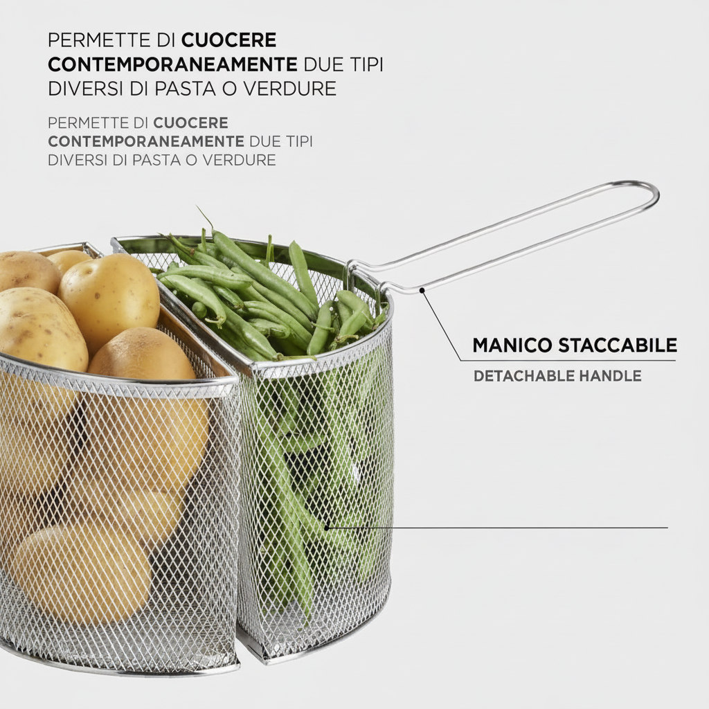 Spaghettiere Doppio Cestello, Made in Italy, Acciaio inox 18/10. Triplo fondo. Induzione+Gas. PFAS free. Cuoce 2 tipi di pasta contemporaneamente