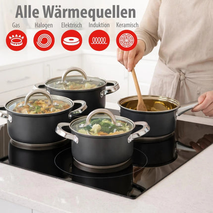 Set Pentole 7 Pezzi in Acciaio con Coperchi in Vetro – Batterie da Cucina per Induzione, Gas e Piano Elettrico, Antiaderenti, Lavabili in Lavastoviglie, Pentole e Casseruole con Manici Ergonomici