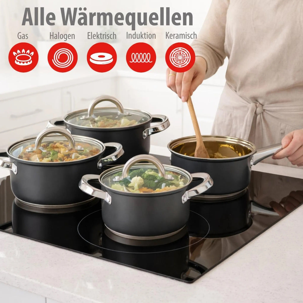 Set Pentole 7 Pezzi in Acciaio con Coperchi in Vetro – Batterie da Cucina per Induzione, Gas e Piano Elettrico, Antiaderenti, Lavabili in Lavastoviglie, Pentole e Casseruole con Manici Ergonomici