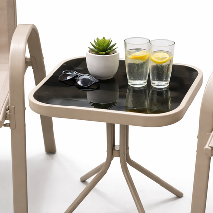 Set da Giardino 3 Pezzi Positano – 2 Sedie con Braccioli + Tavolino con Piano in Vetro Temperato – Struttura in Acciaio, Colore Grigio, Ideale per Balcone e Terrazzo
