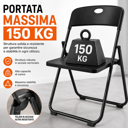 Set da 6 Sedie Pieghevoli con Struttura in Acciaio e PVC, Seduta Salvaspazio Richiudibile con Piedini e Maniglia, da Viaggio, Cucina, Soggiorno, Camera da Letto, 74x43x49 cm