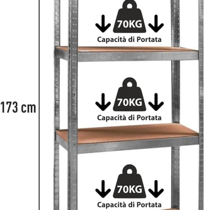Scaffale in Metallo Zincato per Carichi Pesanti 4 Ripiani Capacità di Carico 280 Kg Scaffale per Garage, Dispensa, Lavanderia, Ufficio