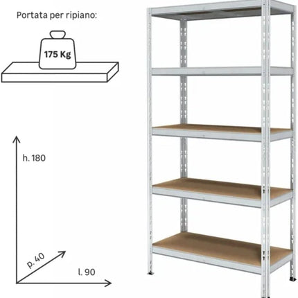 Scaffali in Metallo, Scaffalature a 5 Ripiani Regolabili, Senza Viti, Scaffale Salvaspazio per Garage, Magazzino Portata Fino a 875 kg Con 5 Ripiani Regolabili Ideale Per Garage Officina 90X40X180H cm