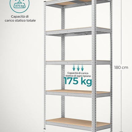 Scaffali in Metallo, Scaffalature a 5 Ripiani Regolabili, Senza Viti, Scaffale Salvaspazio per Garage, Magazzino Portata Fino a 875 kg Con 5 Ripiani Regolabili Ideale Per Garage Officina 90X40X180H cm