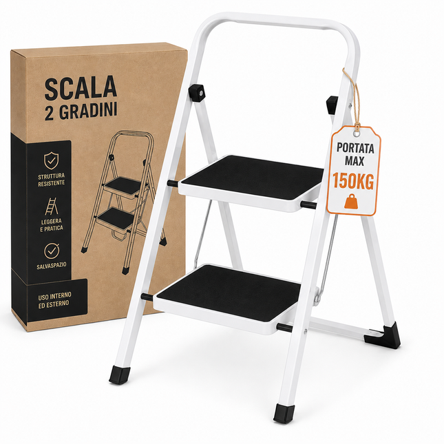 Scala Scaletta Pieghevole Quadrata Salvaspazio con Gradini Antiscivolo e Maniglione di Sicurezza Sgabello Struttura in Acciaio e Rivestimento in Gomma Portata massima 150kg