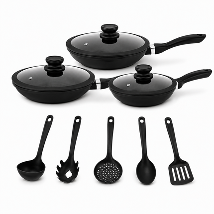Set Padelle 11 Pezzi con Rivestimento Pietra Lavica Antiaderente – 3 Padelle con Coperchio in Vetro e Guarnizione in Silicone (20/24/28 cm) + 5 Utensili Cucina – Fondo Induzione, Senza PFOA