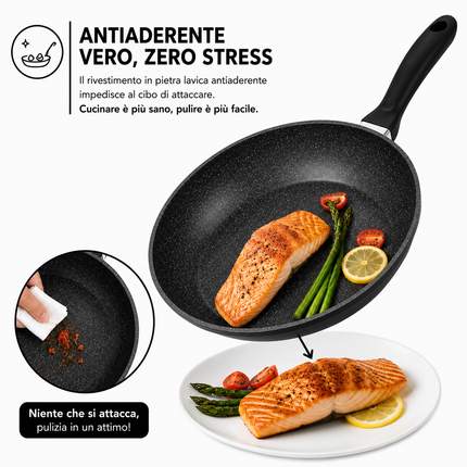 Set Padelle 11 Pezzi con Rivestimento Pietra Lavica Antiaderente – 3 Padelle con Coperchio in Vetro e Guarnizione in Silicone (20/24/28 cm) + 5 Utensili Cucina – Fondo Induzione, Senza PFOA