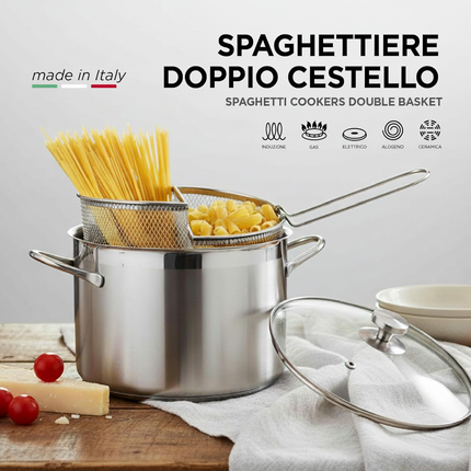 Spaghettiere Doppio Cestello, Made in Italy, Acciaio inox 18/10. Triplo fondo. Induzione+Gas. PFAS free. Cuoce 2 tipi di pasta contemporaneamente