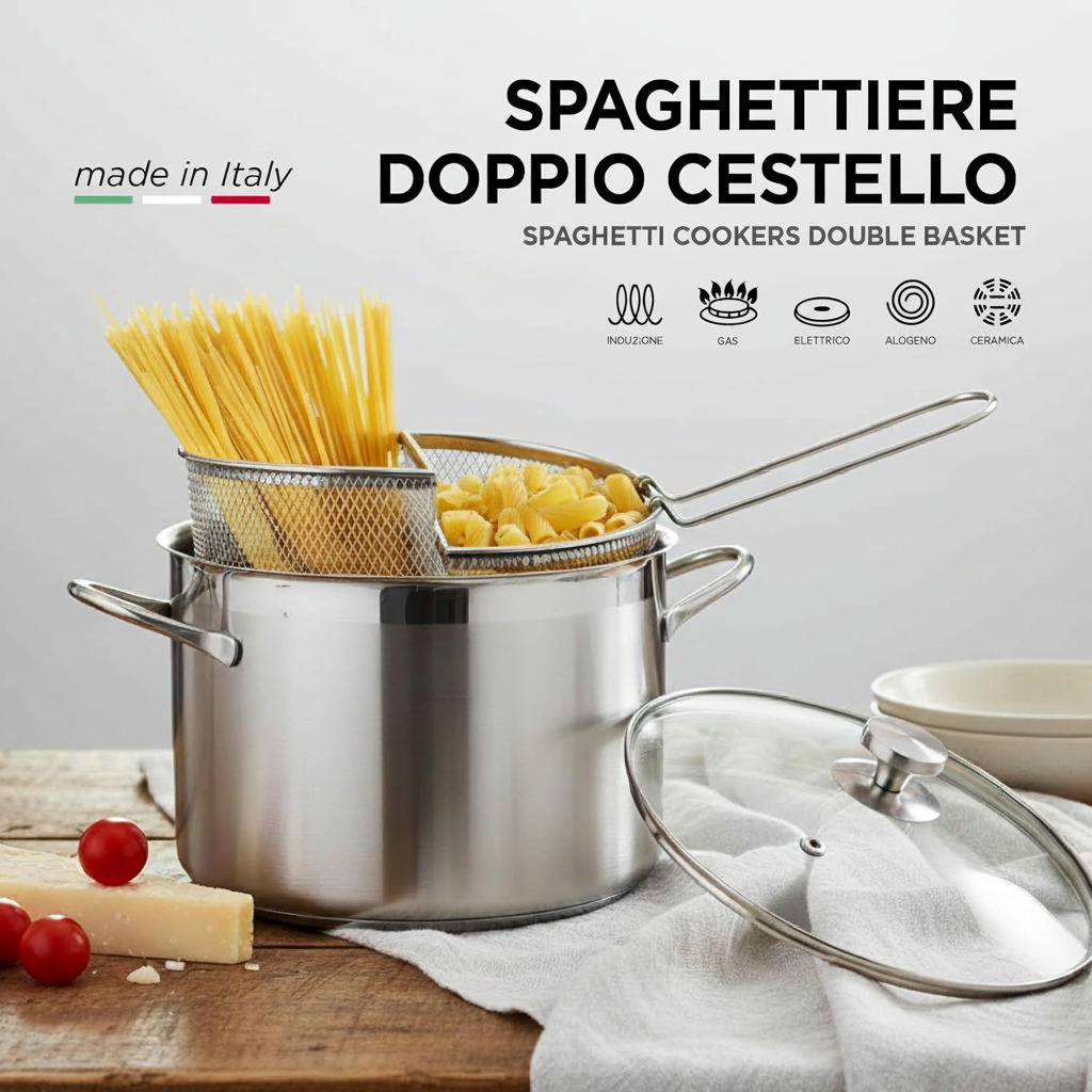 Spaghettiere Doppio Cestello, Made in Italy, Acciaio inox 18/10. Triplo fondo. Induzione+Gas. PFAS free. Cuoce 2 tipi di pasta contemporaneamente