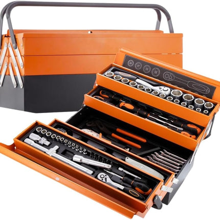 Cassetta Attrezzi Professionale Completa con 4 Scomparti – Set Chiavi, Cricchetto, Bussole e Cacciaviti, Valigetta Porta Attrezzi in Acciaio con Chiusura di Sicurezza