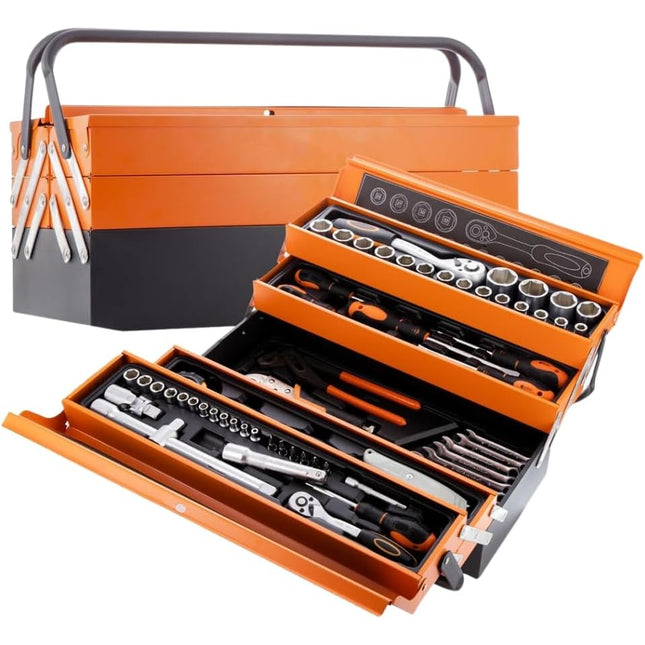 Cassetta Attrezzi Professionale Completa con 4 Scomparti – Set Chiavi, Cricchetto, Bussole e Cacciaviti, Valigetta Porta Attrezzi in Acciaio con Chiusura di Sicurezza