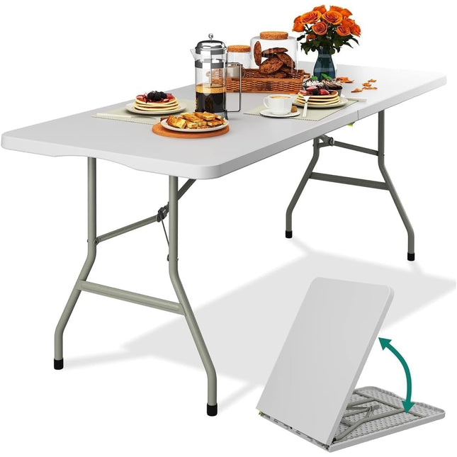 Tavolo Pieghevole Portatile salvaspazio | Tavolo richiudibile | Tavolo da campeggio con Sistema di Blocco di Sicurezza, Fino a 6 Persone - 180x75x74 cm (Bianco)