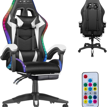 Sedia Gaming RGB con Luci LED E Sedia Ergonomica Poltrona Ufficio girevole, con rotelle, poggiatesta e cuscino lombare, Portata: 125kg con Schienale Alto in Pelle