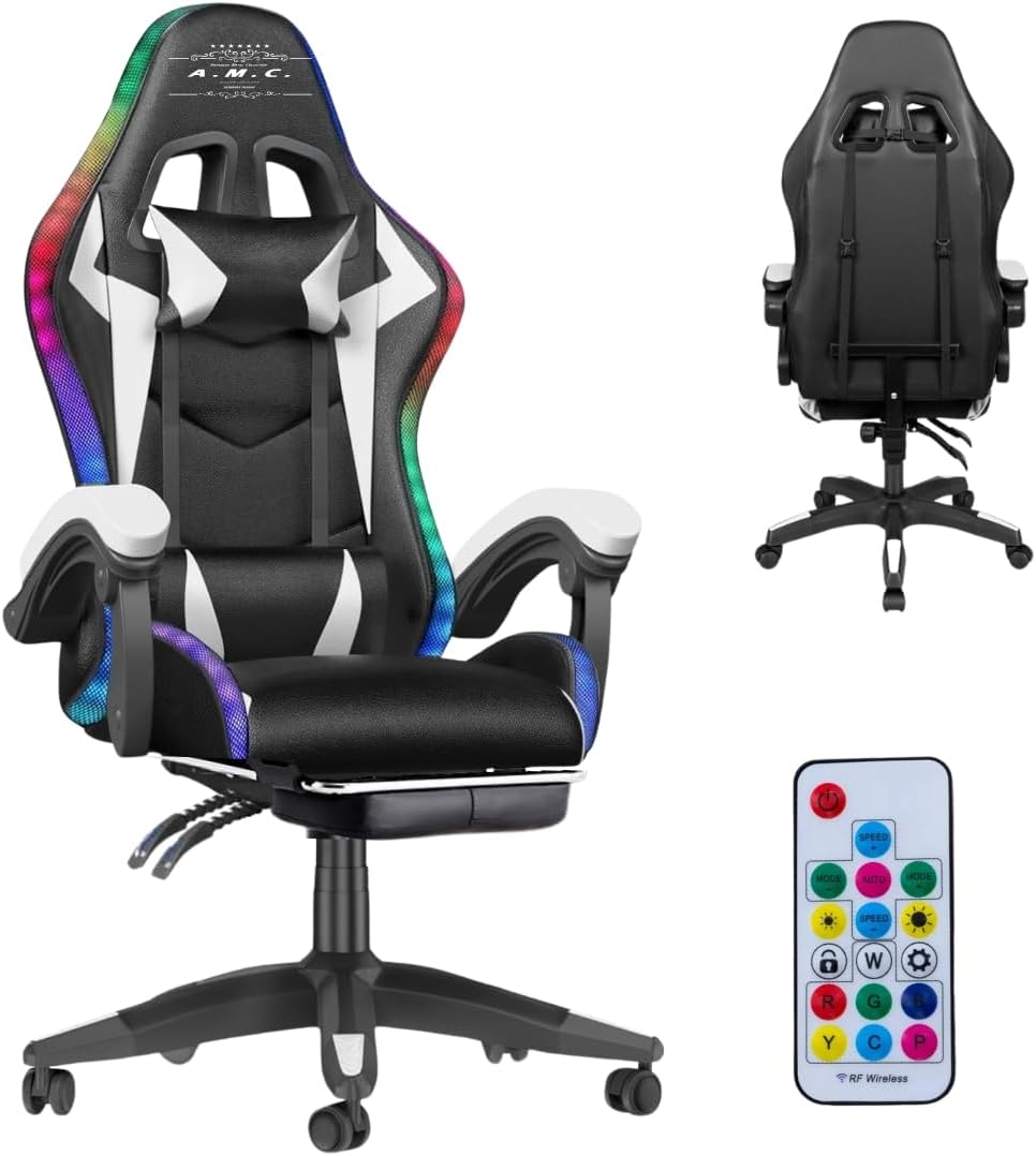 Sedia Gaming RGB con Luci LED E Sedia Ergonomica Poltrona Ufficio girevole, con rotelle, poggiatesta e cuscino lombare, Portata: 125kg con Schienale Alto in Pelle