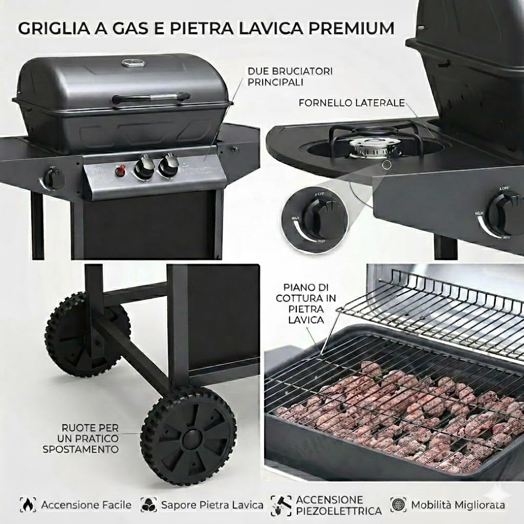 Barbecue BBQ a Gas Completo per Giardino  2 Bruciatori + Fornello Laterale, Compatto con Ruote e Ripiani – Perfetto per Grigliate