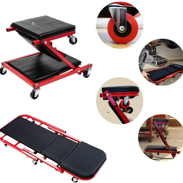 Carrello Meccanico 2 in 1 Pieghevole con Ruote – Lettino Sottoscocca e Sedile Officina, Struttura in Acciaio, Altezza Regolabile, Portata Elevata, Ideale per Auto, Garage e Riparazioni