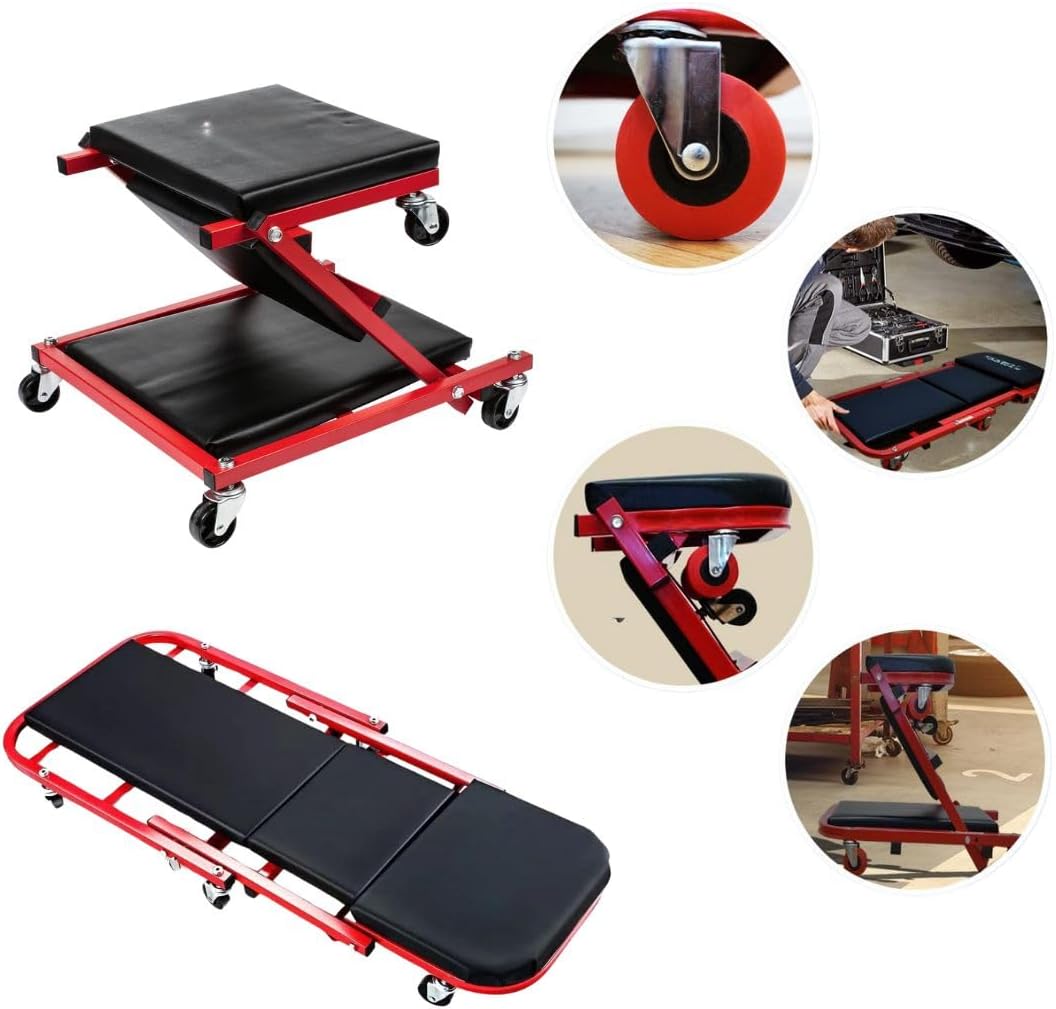 Carrello Meccanico 2 in 1 Pieghevole con Ruote – Lettino Sottoscocca e Sedile Officina, Struttura in Acciaio, Altezza Regolabile, Portata Elevata, Ideale per Auto, Garage e Riparazioni
