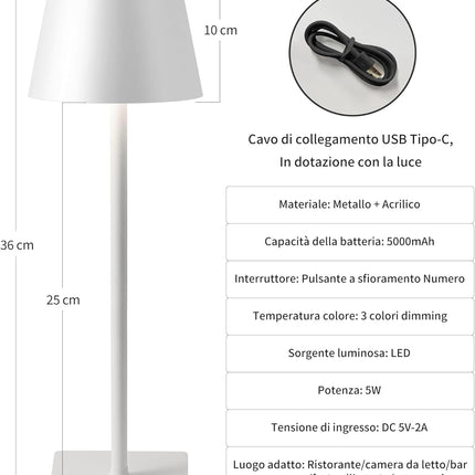 Lampada da Tavolo LED Ricaricabile Senza Fili – Dimmerabile Touch, 2400mAh, 3 Tonalità (2700K-6000K), Design Moderno per Interno ed Esterno, Camera da Letto, Soggiorno, Giardino, IP54