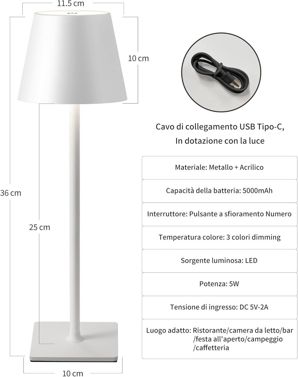 Lampada da Tavolo LED Ricaricabile Senza Fili – Dimmerabile Touch, 2400mAh, 3 Tonalità (2700K-6000K), Design Moderno per Interno ed Esterno, Camera da Letto, Soggiorno, Giardino, IP54