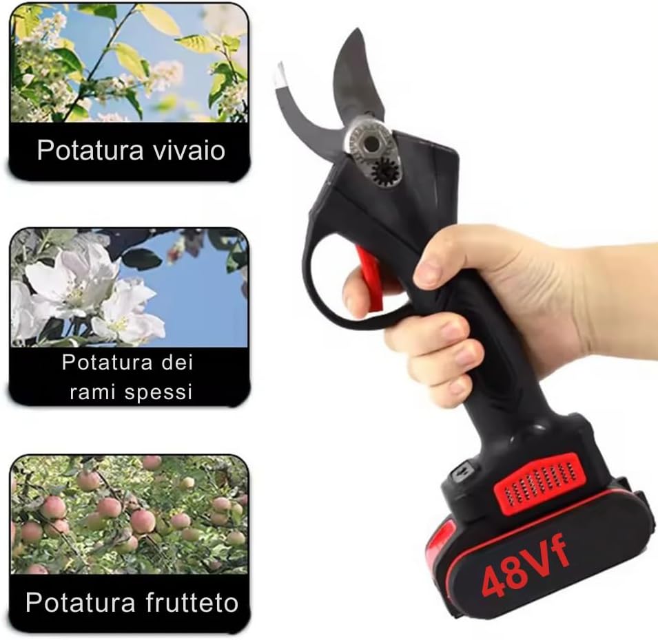 Forbici Elettriche da Potatura 48VF con 2 Batterie Ricaricabili, Cesoie a Batteria Senza Fili con Lama Affilata, Kit con Valigetta e Caricatore per Giardinaggio