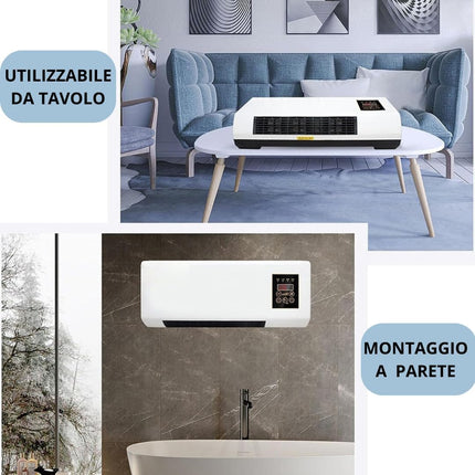 Termoconvettore Elettrico da Parete 1200W con Display LED e Telecomando - Funzione Aria Calda/Fredda Temperatura Regolabile, Timer, Design Compatto ed Efficiente per Casa Ufficio