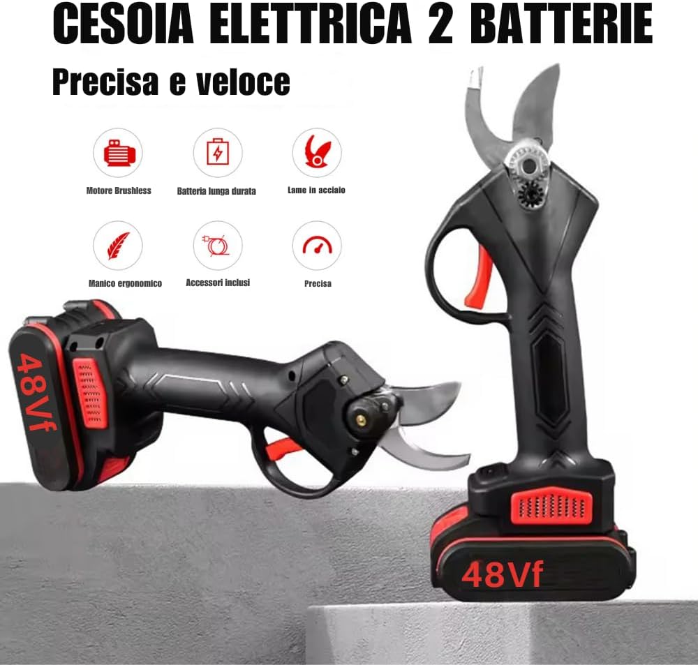 Forbici Elettriche da Potatura 48VF con 2 Batterie Ricaricabili, Cesoie a Batteria Senza Fili con Lama Affilata, Kit con Valigetta e Caricatore per Giardinaggio