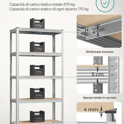 Scaffali in Metallo, Scaffalature a 5 Ripiani Regolabili, Senza Viti, Scaffale Salvaspazio per Garage, Magazzino Portata Fino a 875 kg Con 5 Ripiani Regolabili Ideale Per Garage Officina 90X40X180H cm