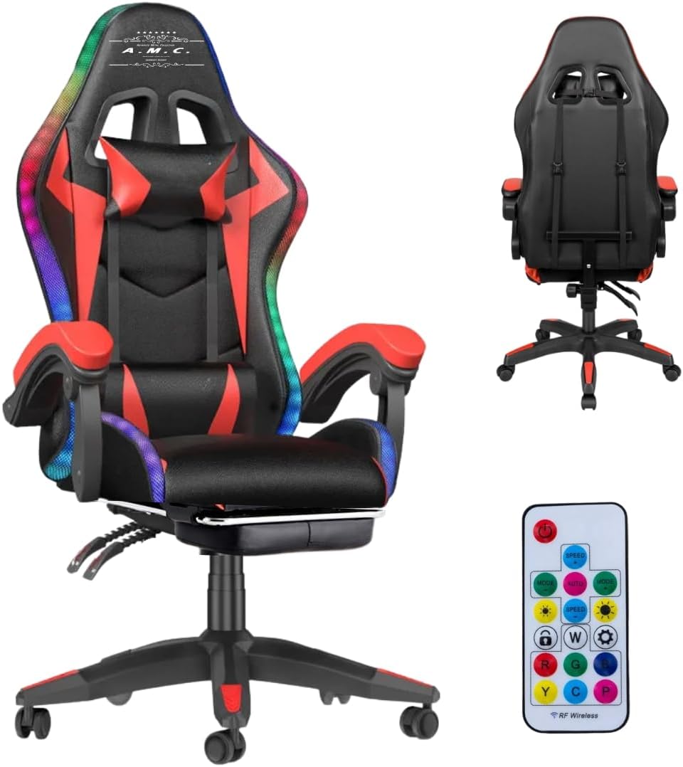 Sedia Gaming RGB con Luci LED E Sedia Ergonomica Poltrona Ufficio girevole, con rotelle, poggiatesta e cuscino lombare, Portata: 125kg con Schienale Alto in Pelle